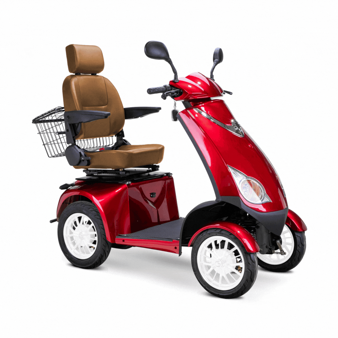 The Bespoke Platinum Recreational 4-Wheel Scooter with Electric Brake Assist, in red, features a high-performance motor, brown cushioned seat with armrests and backrest, rear wire basket, and handlebars on a white background.